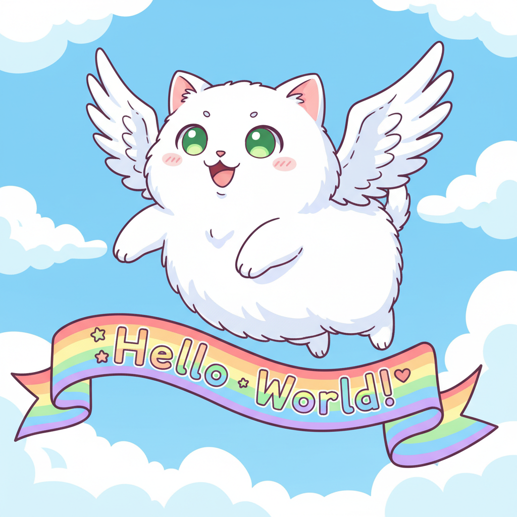 A flying cat with a Hello World banner